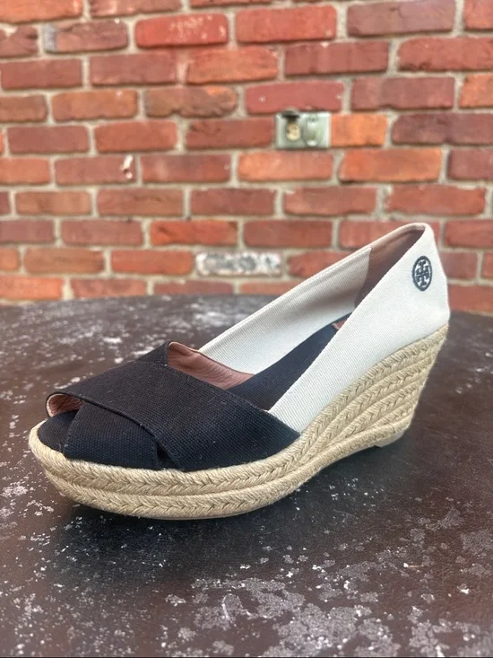 Tory Burch Women’s Black Espadrille Platform Peep-Toe Wedges size 9.5 - Picture 4 of 8